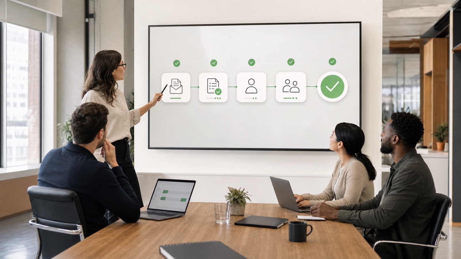 Team beoordeelt een geautomatiseerde workflow voor e-mail, validatie en systeemverwerking