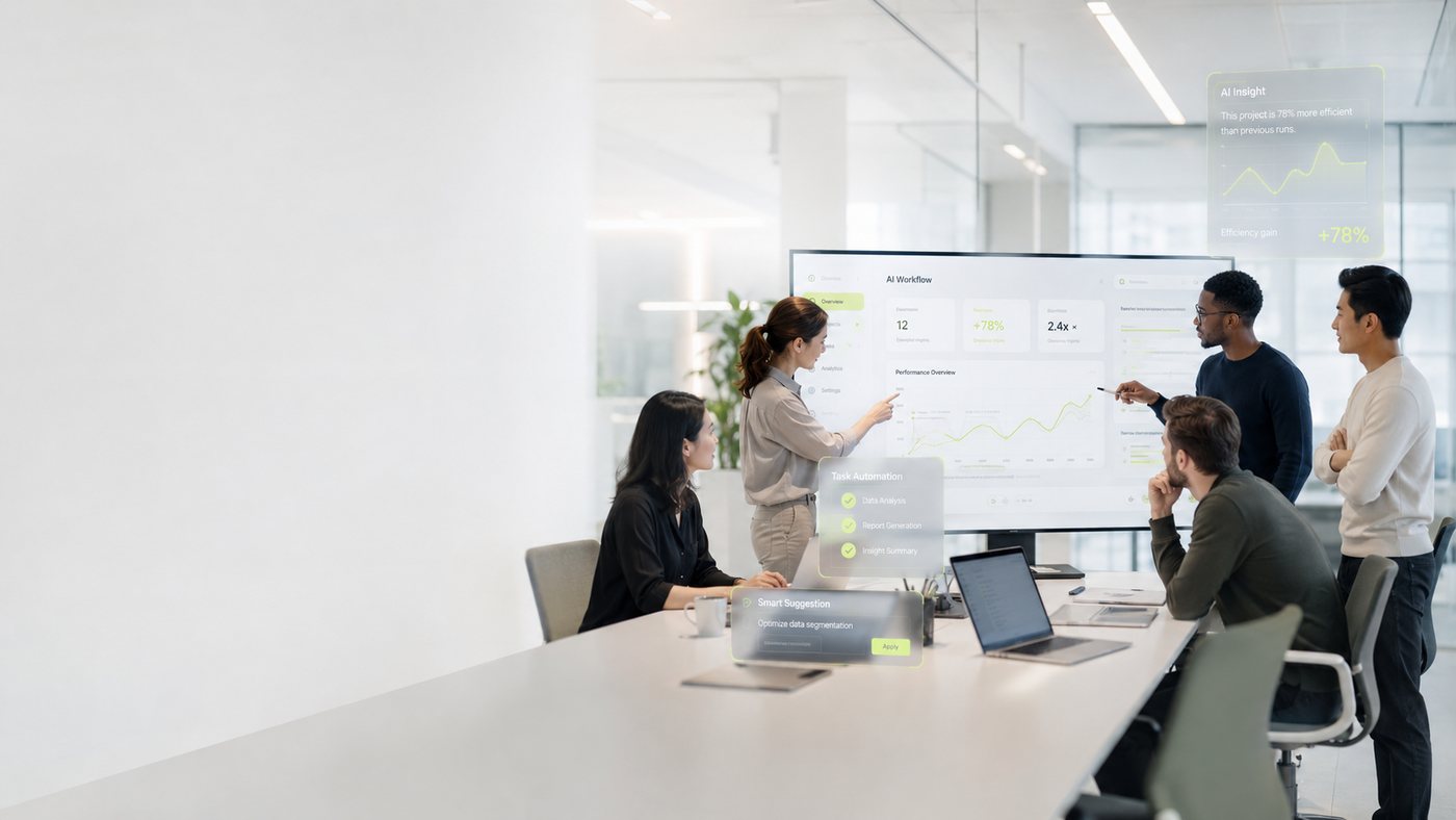Team reviewing an AI workflow dashboard
